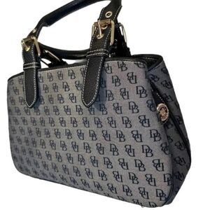 VINTAGE Dooney & Bourke Black Leather Gray Canvas Shoulder Bag Medium Size